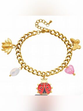 18K Gold Plated Stainless Steel
Charm Bracelet with Red Ladybug & Pink Heart